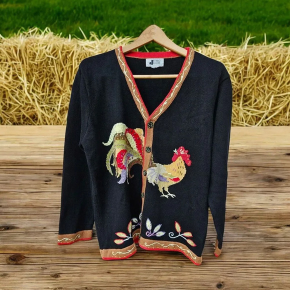 J Two Sweaters - Vtg Black Embroidered Beaded Rooster Chicken Cardigan Large Grannycore Colorful